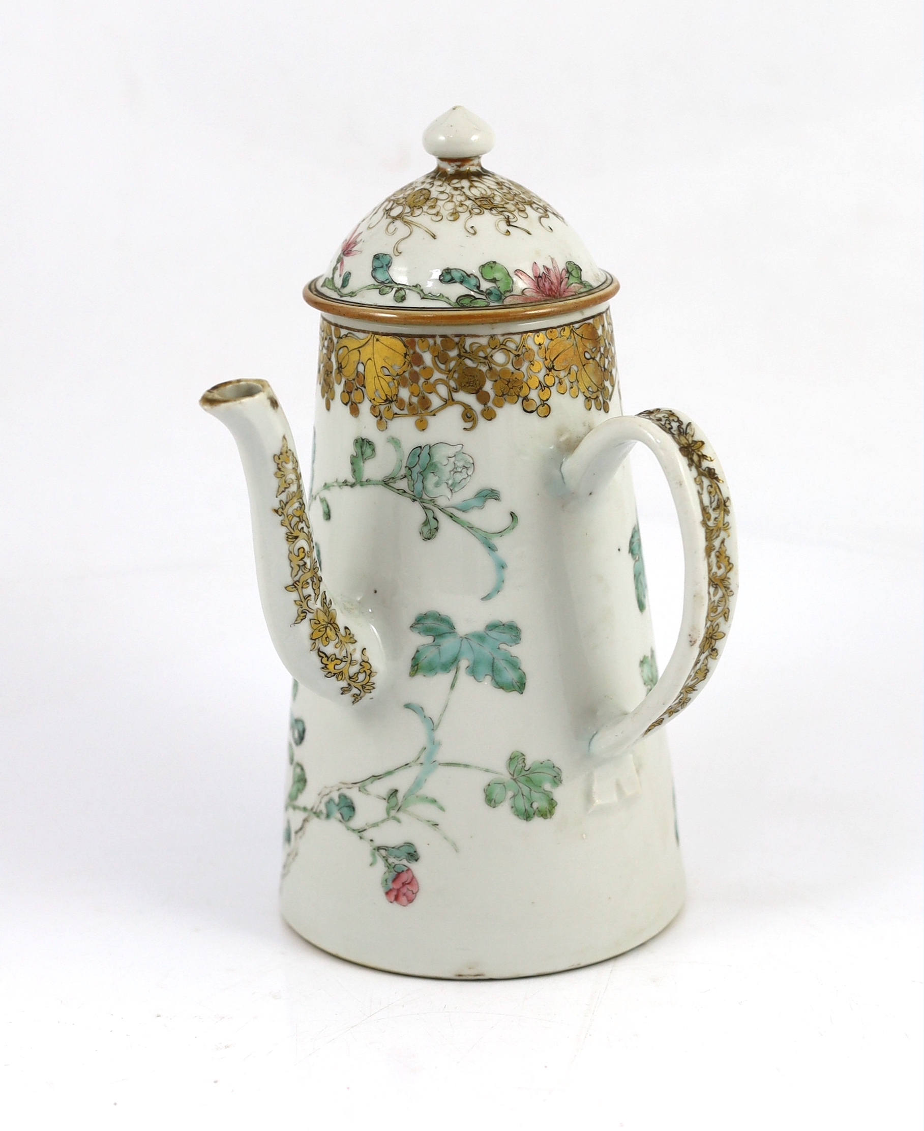 A Chinese export famille rose fencai chocolate pot and cover, Yongzheng period